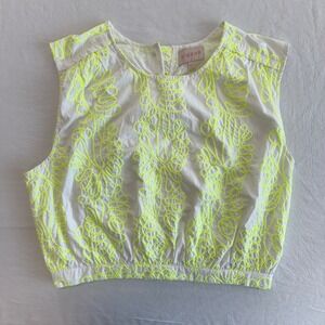 Ciebon Designer Top Large White Neon Yellow Embroidered Sleeveless Blouse Womens